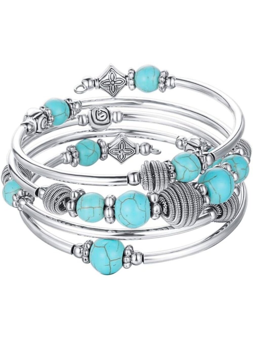 Chic Beaded Chakra Bangle Bracelet - Turquoise & Silver Wrap Jewelry Gift for